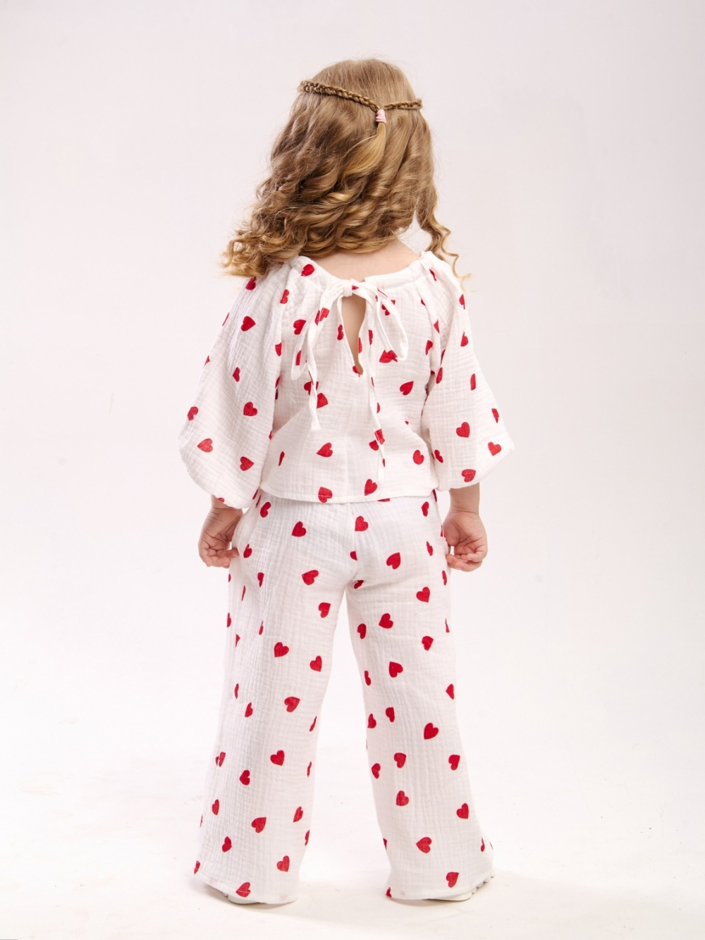329-КС. Костюм детский Палаццо, красное сердце, хлопок 100%  муслин, размеры 98,104,110,116