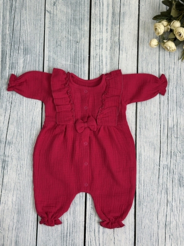 Купить оптом 337-Ф. Комбинезон с бантом для девочки из муслина, хлопок 100%, размеры 56,62,68, фуксия в Кургане